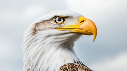 Obraz premium Eagle portrait with sharp eyes, wings subtly merging with clouds, celebrating World Animal Day s focus on freedom and nature