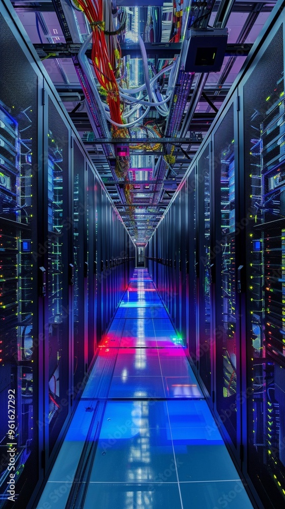 Poster inside a modern data center with illuminated server racks at dusk