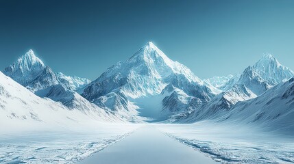 Obraz premium Majestic snow-covered mountain range with icy peaks towering into clear blue sky.