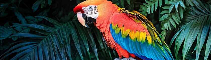 Fototapeta premium Vibrant parrot portrait with feathers blending into a background of tropical plants, representing World Animal Day s celebration of wildlife