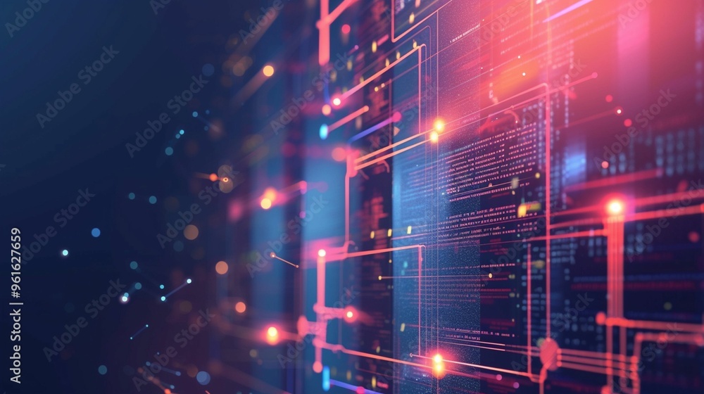 Poster abstract digital network with glowing circuits and data screens at night