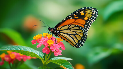 Naklejka premium Beautiful orange monarch butterfly perched on a vibrant yellow flower, wings outstretched in the summer sun.