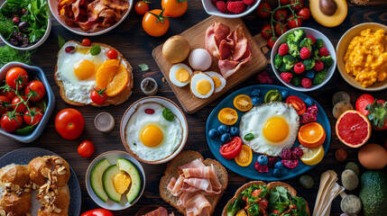 Fototapeta premium A vibrant spread of various delicious breakfast dishes, including eggs in shades of yellow and white with meat or vegetables on top