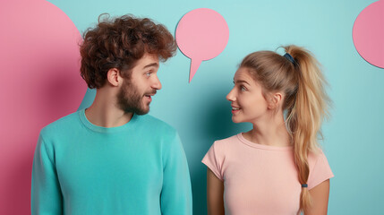 A man and woman having an interesting conversation with speech bubbles between them, set against a pastel blue background with pink accents.