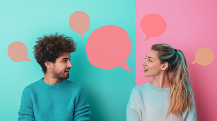 A man and woman having an interesting conversation with speech bubbles between them, set against a...