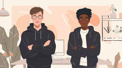 Fototapeta premium A vector illustration shows two men standing next to each other. One man has glasses and wears a cream sweatshirt with his arms crossed over his chest while smiling. 