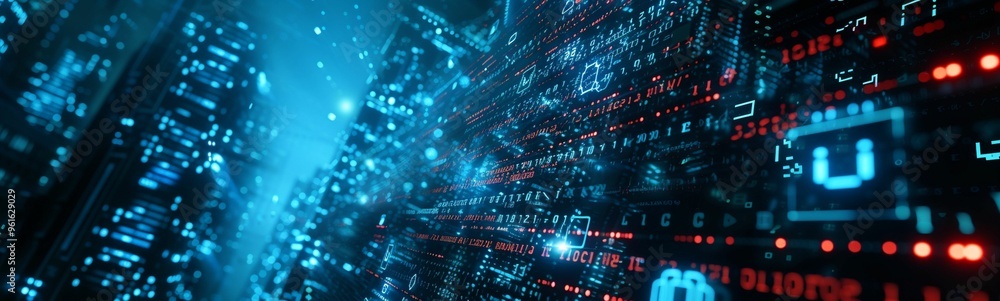 Poster digital landscape with vibrant data streams and glowing code in an abstract urban environment