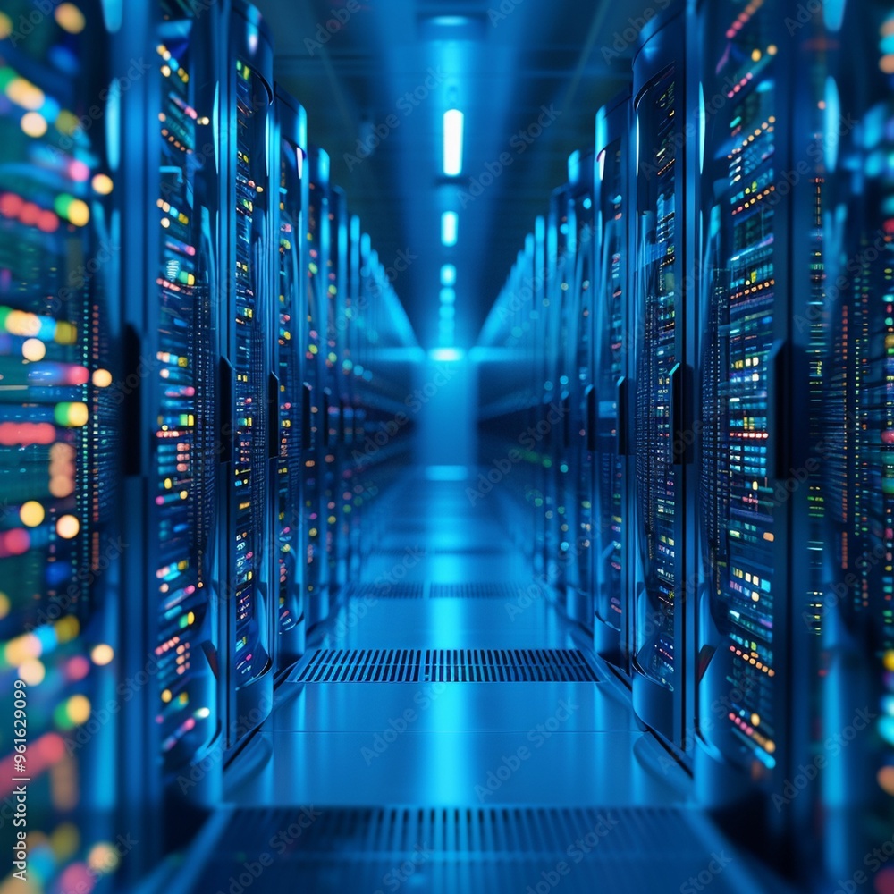 Poster blue-lit server room with rows of data servers and colorful network lights