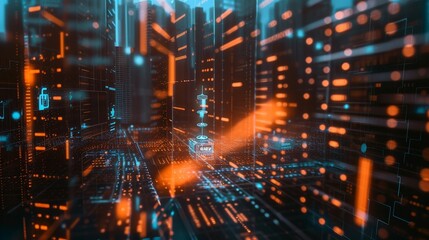 Abstract digital landscape with glowing data streams in a futuristic setting at night