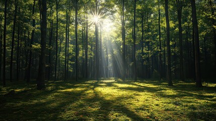Obraz premium Sunlight filters through tall trees in a dense forest, casting long shadows on the moss-covered ground, creating a serene and peaceful atmosphere.