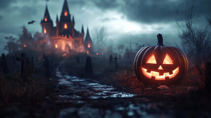 Happy Halloween Celebration with Pumpkin, Castle, and Graveyard
