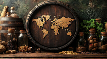 Beer barrel with a world map etched on it, surrounded by brewing ingredients