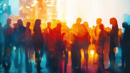  Silhouettes of people in vibrant urban lighting create a dynamic, colorful, and abstract cityscape representing the pulse of modern city life.