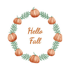 Autumn or Fall Wreath Frame with leaves and pumpkins with textured patterns