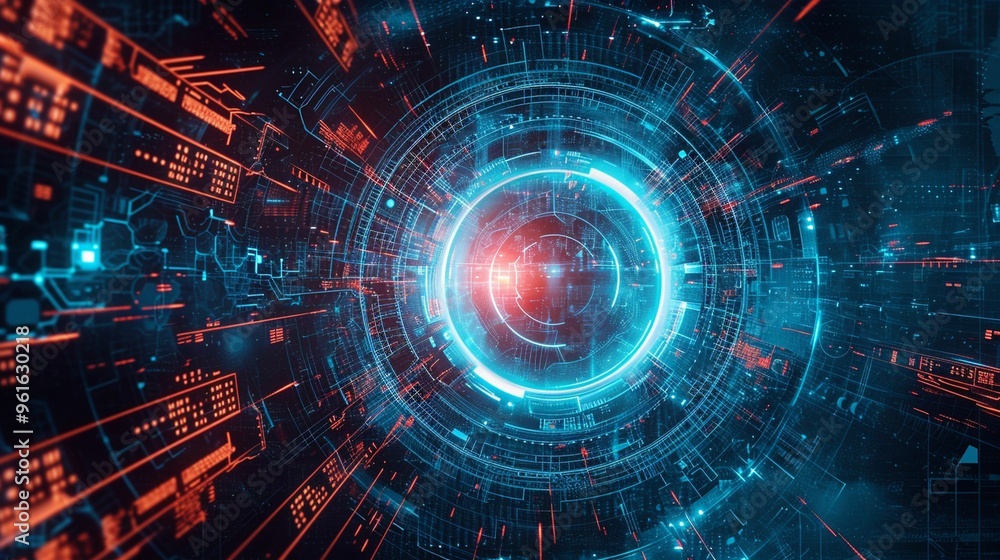 Poster futuristic abstract digital interface with glowing blue and red elements swirling in a circular patt