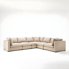 Spacious L-Shaped Sectional Sofa in Beige Fabric with Overstuffed Cushions &ndash; Ideal for Comfort and Functionality, sofa on a white background