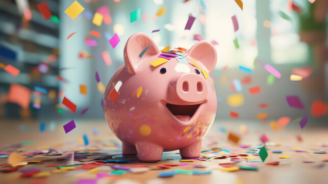 Pay day concept, overflowing piggy bank with payday confetti