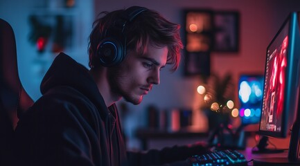 Obraz premium Young man gaming at night with LED lights and headphones in a cozy room