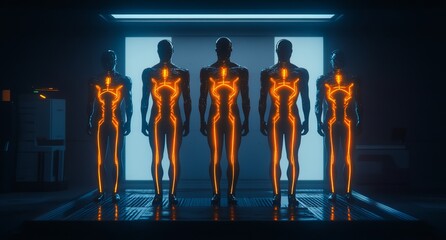 Futuristic humanoid figures illuminated with glowing patterns in a dark lab