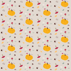 Autumn hand drawn pumpkin and forest fly agaric mushrooms, acorns, oak leaves pattern. Seamless vector cute background. Suitable for decor, harvest festival, halloween, scrapbooking.
