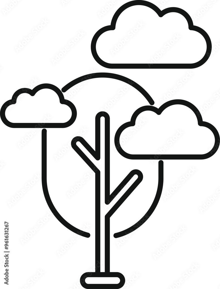 Aufkleber simple line drawing of a tree growing under fluffy clouds representing nature and environment