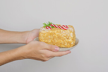 Serving homemade Christmas Cake, sweet food on white background