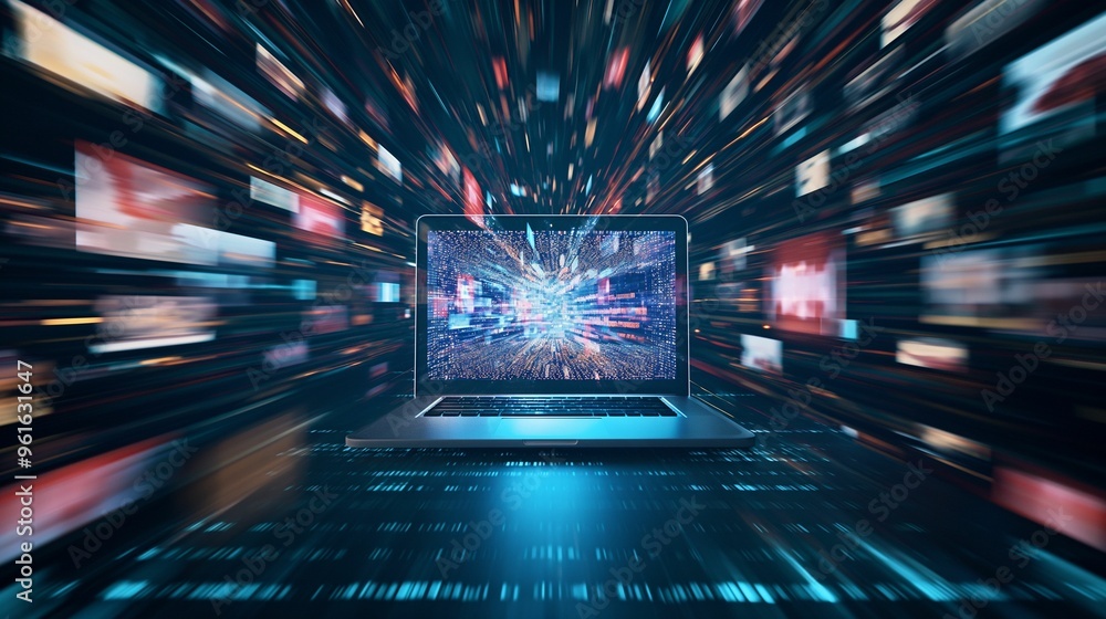 Poster digital streaming explosion from a laptop in a futuristic setting