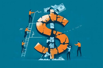 Naklejka premium People working together to repair a cracked dollar sign