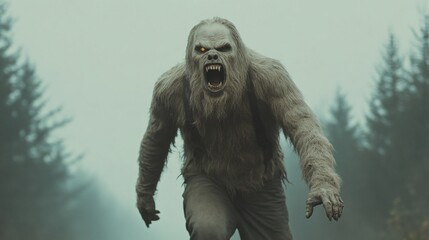 A menacing creature with gray fur and glowing eyes, lurking in a misty forest setting.