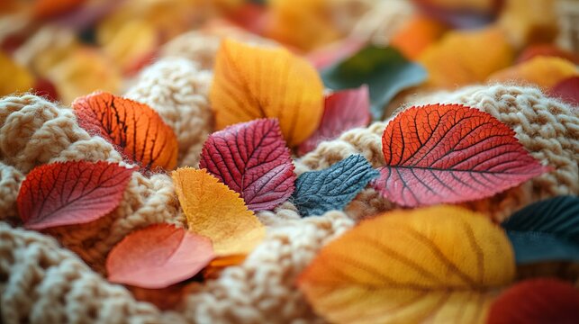 Autumn leaves and cozy blanket on red backdrop, symbol International Day of Older Persons