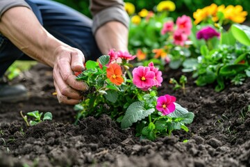 Gardener planting colorful flowers in a lush spring garden AI