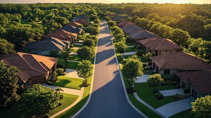  Picturesque suburban neighborhood with tree-lined streets and homes, bathed in warm sunlight. A peaceful and idyllic scene, showcasing community and quiet living.
