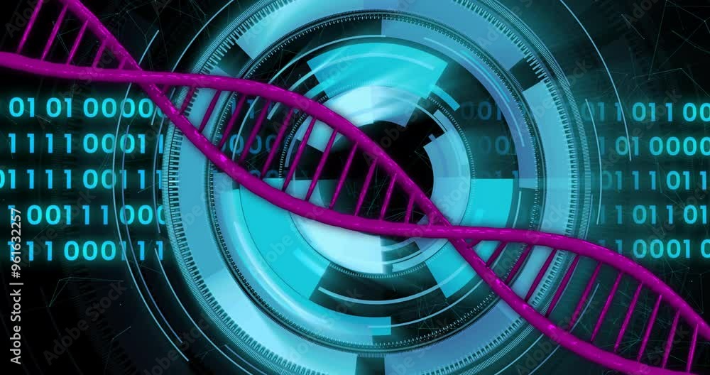 Poster dna strand and digital interface, scientific data processing animation