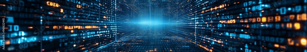 Poster digital landscape with glowing data streams in a futuristic virtual environment