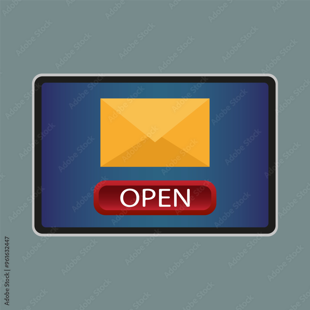 Poster yellow envelope icon. red open button. digital message screen. vector illustration.