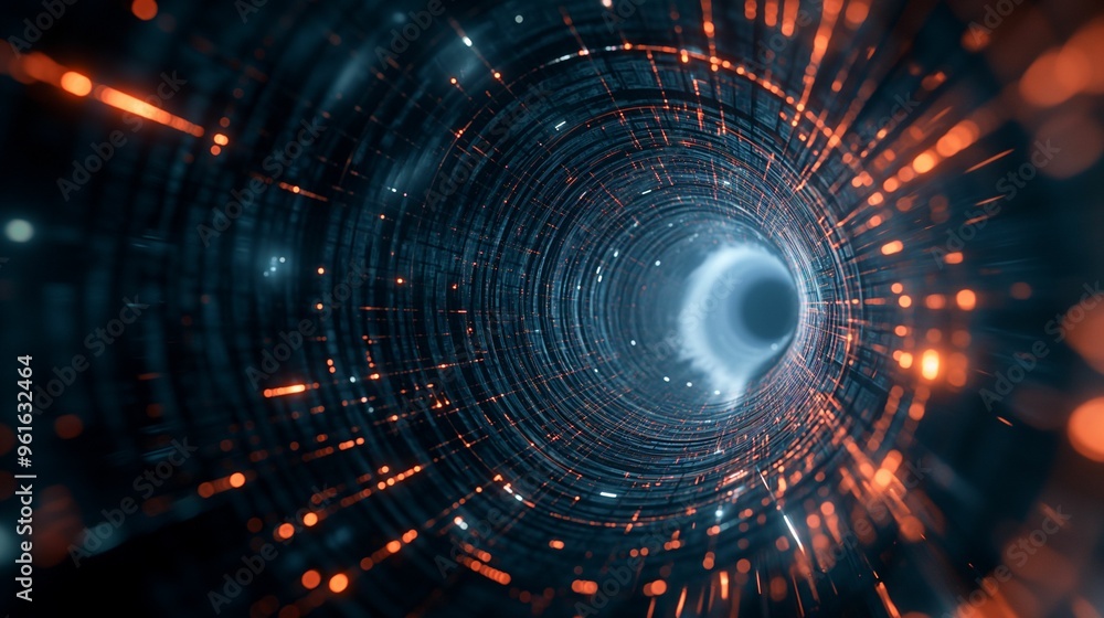 Poster abstract representation of a tunnel with glowing particles in a dark environment