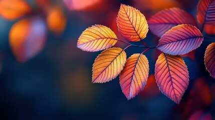 Obraz premium Vibrant autumn leaves in shades of orange, purple, and red, softly lit against a dark background. Captures the beauty of fall with its rich and warm colors.