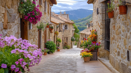 Rustic street in a Spanish village, with stone houses and blooming flowers.