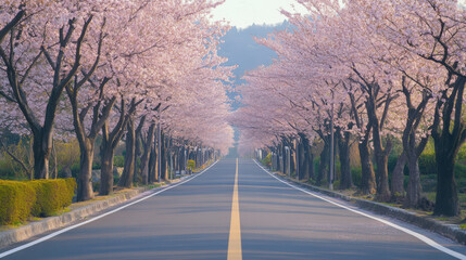 Fototapeta premium Scenic boulevard lined with cherry blossoms in Japan during spring.