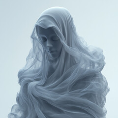 A serene statue draped in translucent fabric, exuding tranquility and grace in a gentle, ethereal atmosphere.