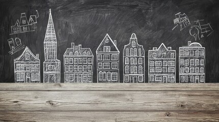 Nostalgic Charm of Hand-Drawn Retro Buildings on Old Blackboard with Distressed Wood Background