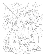 Halloween. Pumpkin with a terrible face. Coloring for adults and children.