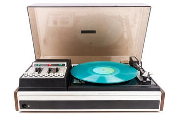 Vintage turntable record player with cyan vinyl isolated on white background.