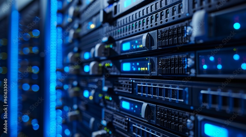 Poster network server racks with illuminated components in a data center during the evening