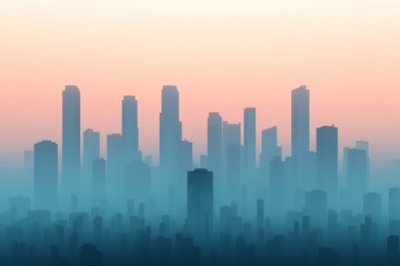 Fototapeta premium A serene city skyline at dusk, shrouded in mist with a gradient sky. Perfect for urban landscapes or atmospheric backgrounds.