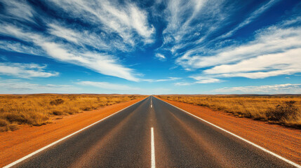 Scenic road through the outback in Australia, with vast open landscapes.