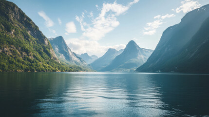 Scenic route through the fjords of Norway, with mountains rising from the water.