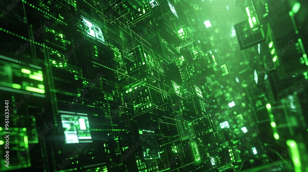 Poster abstract digital data visualization with green lights in a futuristic environment