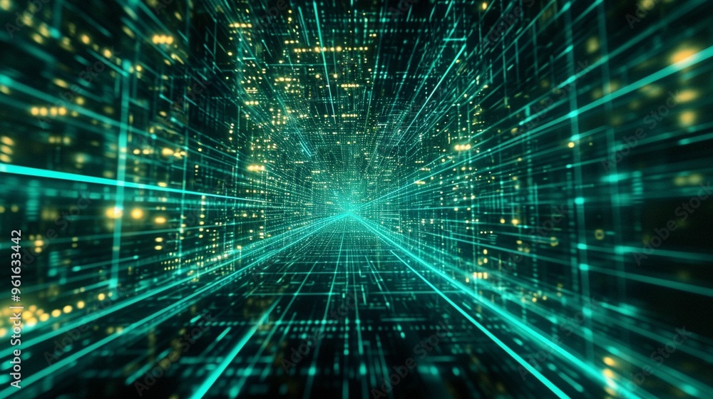 Poster Digital tunnel with glowing lines and data streams in a futuristic environment
