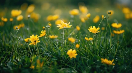 Fototapeta premium Small yellow flowers on green field.